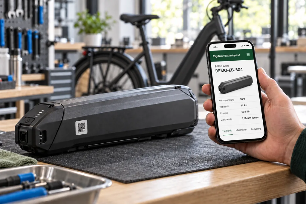 E-bike battery with QR code on a workbench, next to it a smartphone showing the digital battery passport
