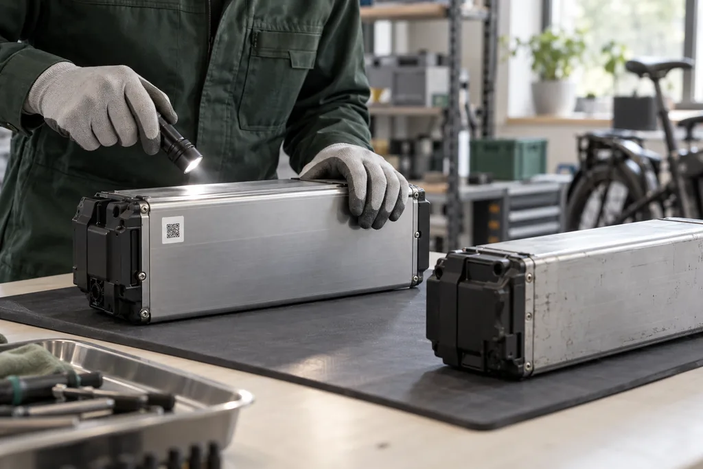 Techniker prüft einen Batteriepack mit QR-Code in der Werkstatt