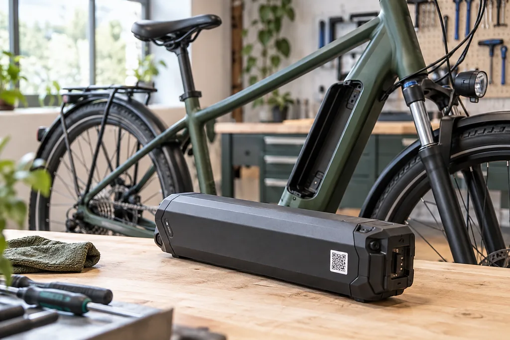 E-Bike-Akku mit QR-Code auf einer Werkbank, dahinter das Rad mit geöffnetem Akkufach